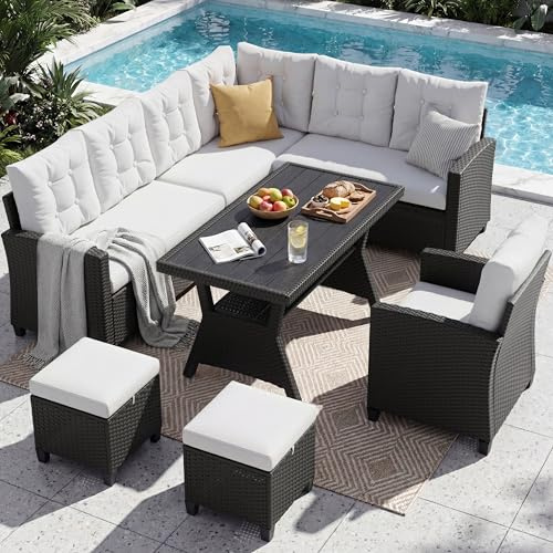 UDPATIO Rattan Gartenmöbel Set, Lounge Ecksofa mit Esstisch, Sessel & 2 Hocker, Wetterfest bis 8 Personen, Lounge Möbel Outdoor, Balkonmöbel, Terassenmöbel für Terrasse/Balkon/Garten, Schwarz
