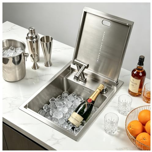 HZKSINNK Fregadero de bar invisible de acero inoxidable plateado con grifo plegable, fregadero de cocina oculto con cubierta, pequeño fregadero individual para isla de cocina, bar en casa y