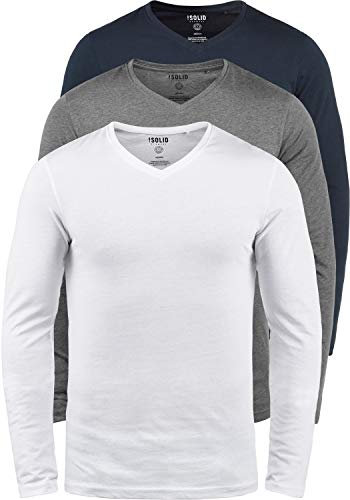 !Solid SDBasil Herren Longsleeve Langarmshirt Basic Shirt im 2er Pack oder 3 er Pack mit V- Ausschnitt 3er Pack Baumwollmischung Slim fit, Größe:XL, Farbe:3er-Box-1