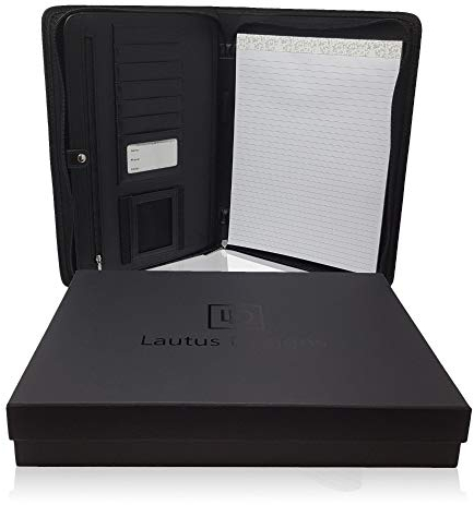 Conférencier A4 à fermeture éclair – Organiseur de documents en cuir PU – Porte-documents professionnel avec bloc-notes A4, pochette pour tablette 10,5 et boîte cadeau Lautus Designs
