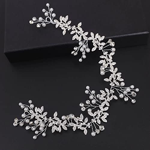 Kercisbeauty Women Handmade Boho Silver Headband with Crystal and Pearl Wedding Bridal Headpiece Hair Vine for Prom (Silver)