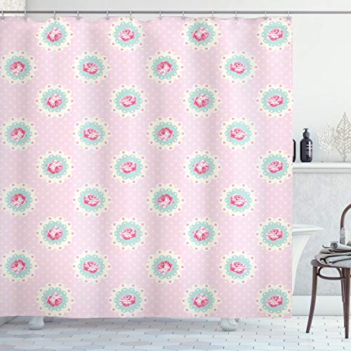 ABAKUHAUS Vintage Duschvorhang, Retro Floral Cabin, Stoffliches Gewebe Badezimmerdekorationsset mit Haken, 175 x 180 cm, Seafoam Weiß Rosa