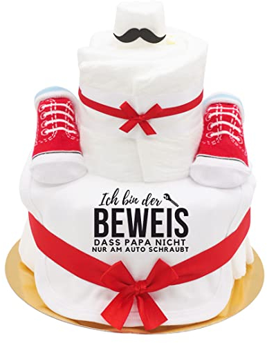 Trend Mama- Windeltorte Junge 27 Windeln - Babysocken + Baby Lätzchen Spruch -Ich bin der Beweis dass Papa nicht nur am Auto schraubt