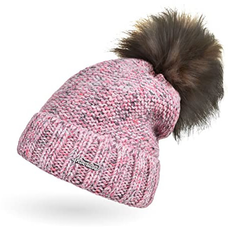 Neverless® Strickmütze Damen Wintermütze Bommelmütze Trendfarben Melange gefüttert Fleece-Innenfutter Bommel rosa Unisize