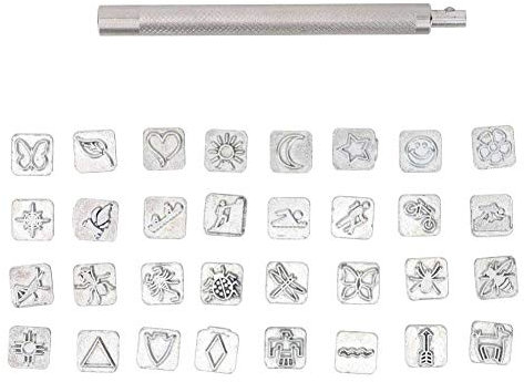 32Pcs Leathercraft Sellos de metal Juego de punzones Acero aleado Estampados artesanales de cuero estampado Herramientas para cinturón de cuero Bolsa Sombrero Zapatos Marca artesanal(#1)