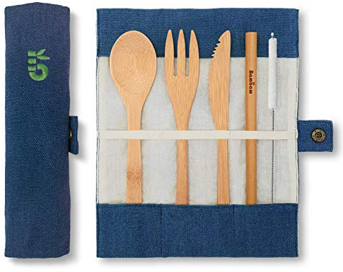 Set couverts en bambou | Couverts en bois | Kit couverts écologique | Couteau, fourchette, cuillère et paille| Couverts de voyage | Couverts camping avec housse de rangement | Océan | Bambaw