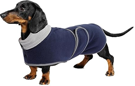Geyecete-Polarfleece Winter hundemantel fur Dackel,Miniatur Dackel Pullover,Warmes Einstellbar Hundejacke Hundeweste mit Geschirr öffnung-Navy Blau-M