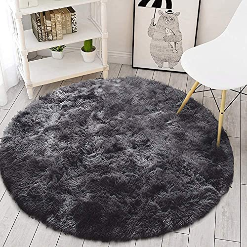 Leesentec Teppiche Runde Schlafzimmer Teppiche Wohnzimmer Anti-Rutsch-Weich Flauschiger Teppich Zottelige Fußmatten Groß für Flur (schwarz/grau, 160cm)