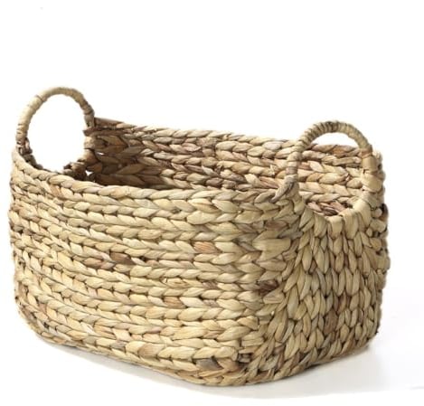 CALICOSY - Panier Jacinthe d'eau - Armature Métal - Fibres Naturelles - Avec Poignées Rondes - Panier De Rangement Pour Dressing, Chambre, Séjour - Grand Modèle - L 45 x P 27 x H 27 cm