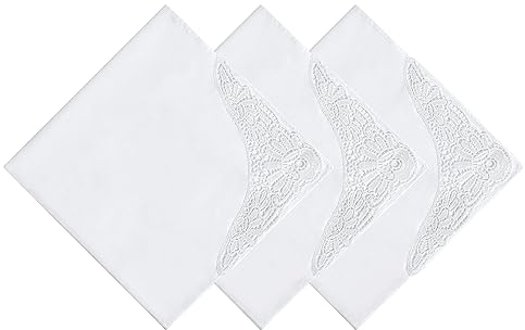 HOULIFE Stofftaschentücher Damen - Taschentuch Hochzeit, Stoff Taschentücher aus Gekämmte Baumwolle Weich Weiße Blumen Stickereien mit Spitzen, 3/6 Stücke, 43x43cm (3, Weiß 1)