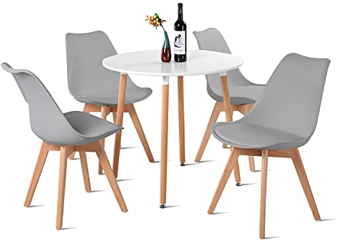 EGGREE Conjunto de mesa y 4 sillas escandinavas, mesa de comedor redonda de madera con sillas de cocina - blanco+gris
