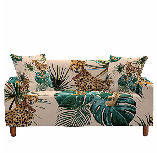 Fansu Stretch Sofabezug Stretch Antirutsch Sofaüberwürfe mit Armlehnen,3D Leopard Druck Ecksofa L Form Sofa/Couchbezug/Sesselbezug für Wohnzimmer Wohnkultur (Palmblatt,2 Sitzer/145~185cm)