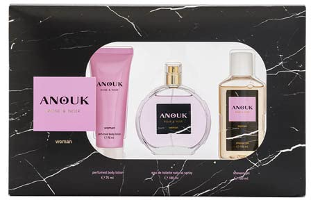 ANOUK - Rose & Noir Colonia 100 ml + Crema de Cuerpo 75 ml + Gel de Baño 100 ml, Estuche de Regalo Mujer, Eau de Toilette Femenina, Aroma Dulce y Floral, Fragancia Fresca, Delicada, Larga Duración