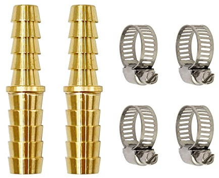 LIONMAX Hose Barb Reducer Adapter Fittings, 3/8'' to 5/16'' Barb Hose ID, Brass Hose Barb Connector, with 4 Hose Clamps, for Air/Water/Fuel, (2 PCS)