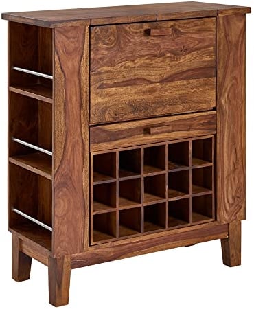möbelando Hausbar Sheesham Massivholz 88x102x40 cm Weinschrank für Flaschen | Barschrank Aufklappbar mit Tür | Getränkeschrank Landhaus Weinbar Modern