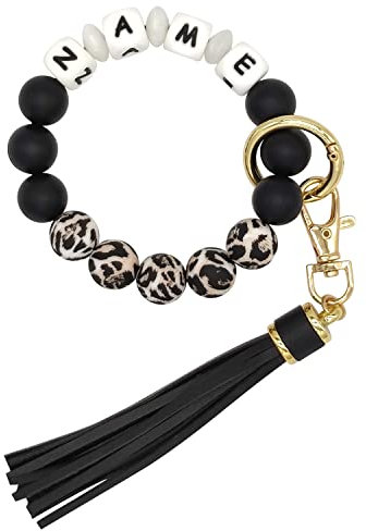 Starsprairie Bracelet personnalisé porte-clés élastique Silicone perlé porte-clés Bracelet gland Portable maison voiture clés anneau (White+Leopard)