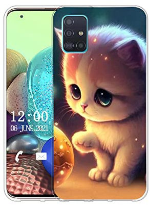 Sunrive Hülle Kompatibel mit Samsung Galaxy A51 4G Silikon,Transparent Handyhülle Schutzhülle Etui Karikatur Muster Weiches TPU Silikon Case (Katze, Ball) MEHRWEG
