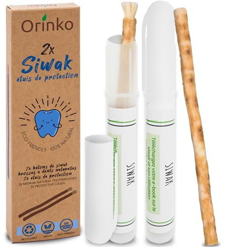 ORINKO Miswak – 100% Natürliche Zahnbürste aus Siwak Holz – Set mit 2 Zahnreinigungsstäben & 2 Schutzhaltern für Weiße Zähne & Mundhygiene