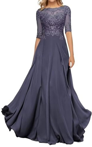 HYEC7 Women's Lace Appliques Mother of The Bride Dresses 3/4 Sleeve Long Formal Evening Dresses A Line Prom Dress Stormy Blue