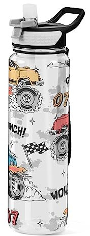 FRODOTGV Monster Giant Cars Sport-Trinkflasche für Mädchen, 900 ml, Wasserflasche mit Strohhalm für Damen und Herren