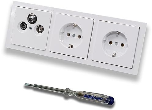 Busch Jäger SET:Unterputz 3Loch Dose 47-2150 MHz, Enddose Stichdose, Radio/TV/SAT-Kompatibilität + Future Linear Studioweiß 3f-Rahmen + 2x Steckdose 20EUC-84 + EBROM Phasenprüfer zur Montage d. Geräte