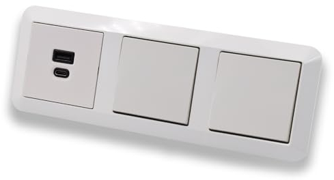 EBROM USB-C und USB-A Unterputz Steckdose/Lader, 45+15 Watt Leistung, Schnellladefunktion für Wearables, Smartphones Tablets + 2 Stück Merten Tastschalter MEG3150-0000 in System M polarweiß glänzend