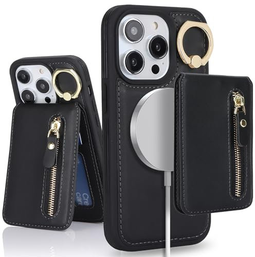 SailorTech iPhone 14 Pro Phone Leather Case with Credit Card Holder Magsafe, iPhone 14 Pro Case Ring Stand with Kickstand Card Slots Wallet Detachable 2-in-1 Zipper Case - Black