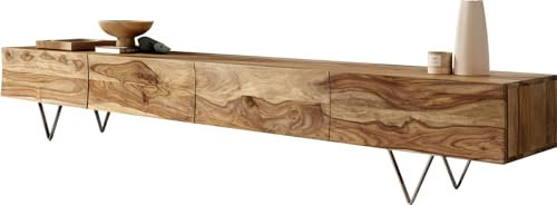 TV-Board Wyatt Sheesham Natur 220 cm 4 Schübe V-Fuß Edelstahl