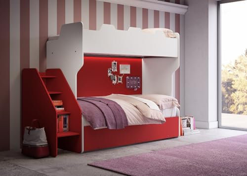 Letto a Castello salvaspazio con Terzo Letto Estraibile e Scala Laterale - Ideale per camerette - Bianco, con Letto Estraibile