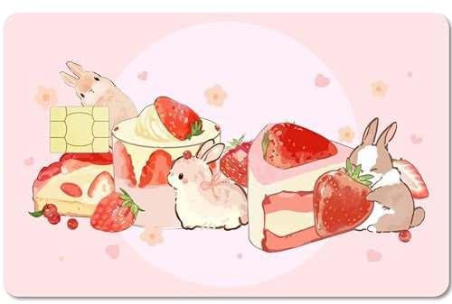 CREATCABIN Autocollant Peau Carte Rose Lapin Lapin Skins Carte Crédit Débit Couvrant Gâteau aux Fraises Personnalisant Autocollants Protection Carte Bancaire Étanche pour Carte Transport EBT 186x137mm