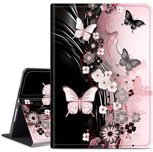 Case for Amazon Kindle Fire 7 Tablet (7 Inch, 9th/7th/5th Generation, 2019/2017/2015 Release),Slim Smart PU Leather Adjustable Stand Protective Cover with Auto Wake/Sleep,Flowers Dancing Butterflies