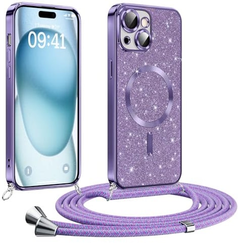 Phoona Glitter Cover per iPhone 15 6,1 con Cordino, Antiurto Silicone Protezione, compatibile con Morbido TPU Silicone Cover con Cordino, Anti Graffi, Non Ingiallente, Viola