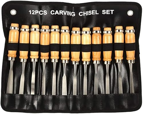 Juego de 12 Cinceles para Tallar Madera con Mango de Madera, Estuche | Hojas De Acero Endurecido Para Corte Preciso, Cinceles Para Carpintería Artesanía Profesional, 12 Piezas