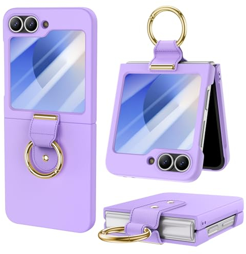 HWeggo Custodia per telefono cellulare per Samsung Galaxy Z Flip 6 - Case, Ultra sottile PC per Samsung Z Flip 6 Custodia protettiva con protezione dello schermo esterno e anello, antiurto-viola