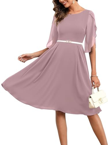 Missufe Robe de cocktail pour femme - Robe de soirée - En mousseline de soie - Rockabilly - Longueur genou - Lignes A - Élégante robe swing, Rose rougeâtre., M