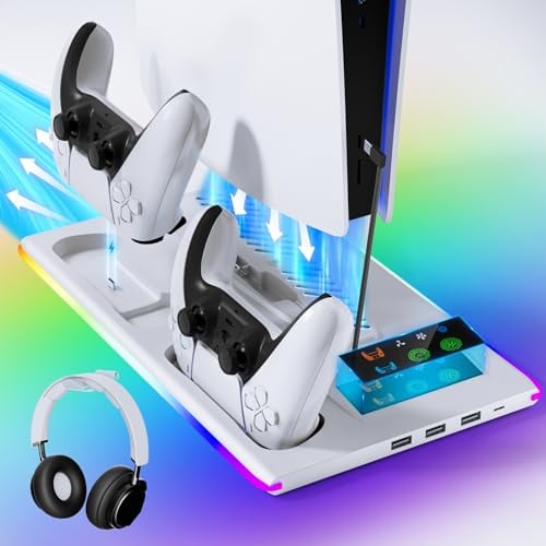 PS5 / PS5 Slim Stand with RGB LED Charging Dock, Controller Charging Station Charger with 3 Levels Cooling Fan/3 USB Hub/Headset Holder, for Playstation 5 Console Accessories, Disc/Digital Edition