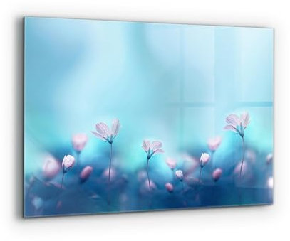 Wallfluent Mit Motiv 80x60cm Spritzschutz für die Küche Küchenrückwand Gehärtetes Glas Fliesenschutz Wandanbringung Glasrückwand - Blumen hinter dem Morgennebel