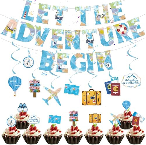 mohito Abschiedsparty Zubehör Deko, 20 Stück Reise Motto Partydekoration, Let the Adventure Begin Banner für Männer Frauen Ruhestand, Abschlussfeier, Abschiedsparty