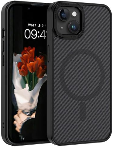 DUEDUE Magnetische Hülle für iPhone 13 Mini mit Carbonfaser Textur Design [Kompatibel mit Magsafe] Matte Rückseite Kratzfest Schlanke Stoßfeste Handyhülle für iPhone 13 Mini 5,4 Zoll, Schwarz