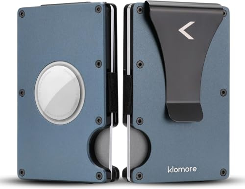 KLOMORE Portefeuille Minimaliste pour Homme avec Support AirTag – Étui à Cartes Compact, Protection RFID, Pince à Billets en Métal et Porte-Monnaie
