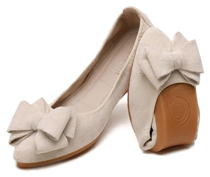 YOUNIFIZ Women Ballet Flats Foldable Fashion Bowtie Comfort Pointed Toe Slip On Ballerina Ladies Casual Comfort Faux Suede Loafers (Cream,Size 5.5)