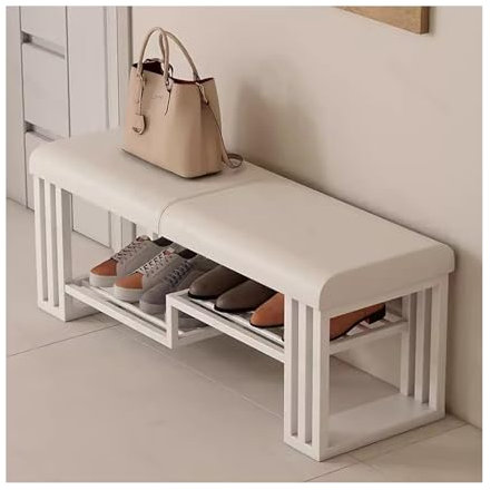 3-stöckiges Schuhregal für den Eingangsbereich, weiße Schuhbank aus Metall mit gepolstertem Kissen, weiße Schuhaufbewahrungsbank mit Kissen, Schuhorganizer für den Innenbereich, Eingangsbereich, Flur