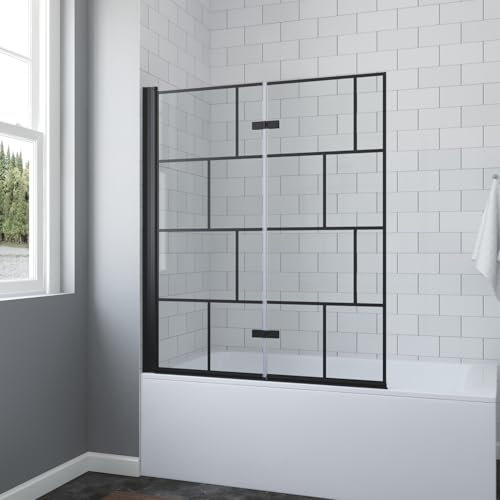 AQUABATOS Badewannenaufsatz ohne bohren Schwarz matt Dekor Kariert 120 x 140 cm Black Style Duschtrennwand für Badewanne Badewannenfaltwand 2 Teilig Duschwand Glas Dusche faltbar 5 mm Echtglas