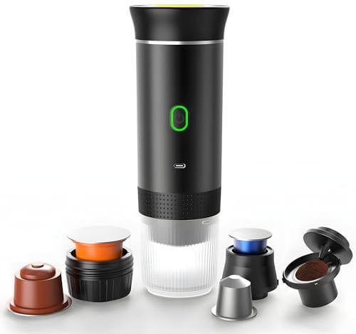 Winwj Cafetera portátil eléctrica de cápsulas, con batería para camping y viajes, cafetera de 12 V para coche con autocalentamiento, compatible con cápsulas NS y café molido