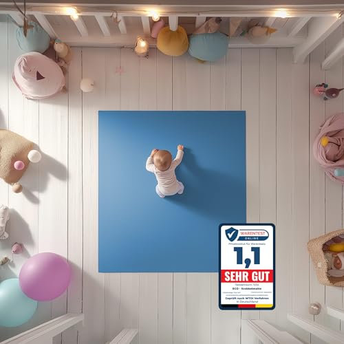 ECO Krabbelmatte Frecher Spatz 180x200cm Hellblau - OEKO-TEX zertifizierte Krabbel- und Spielunterlage aus Deutschland. Für kleine Füße, die Großes vorhaben!