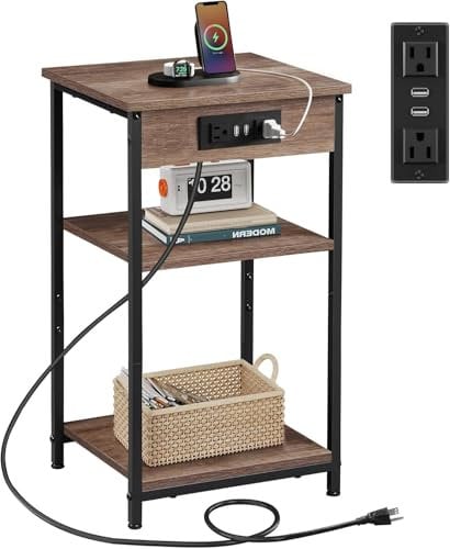 WLIVE Bouts de Canapé, Table d’Appoint avec Multiprise, 2 Prises CA et 2 Ports USB, Table d'Appoint Canapé à 3 Niveaux pour Salon, Chambre, Brun Clair.