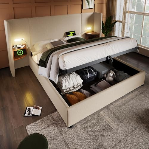 Polsterbett Doppelbett mit Nachttisch, Leselampe und USB Type-C Ladefunktion, Bettanlage Stauraumbett Bettgestell mit Lattenrost aus Massivholz und Metall (Beige-Leinen(Ohne Matratze), 180x200cm)