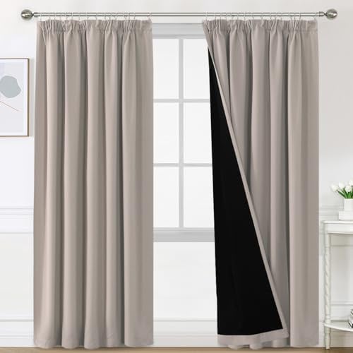 BellaHills 100% Gardinen mit Kräuselband Blickdicht Vorhang Kälteschutz Verdunklungsvorhänge Gardinen Wohnzimmer, Schallschutz Vorhang 2er Set H260 x B140 cm, Natur