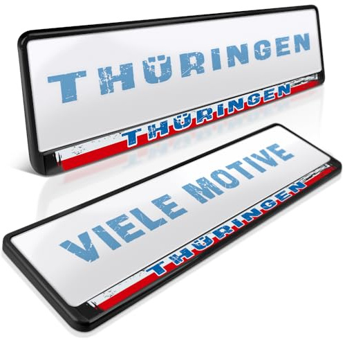 2 Kennzeichenhalter | Freistaat Thüringen 07 | PKW Nummernschildhalter | Erfurt Jena Gera | Kennzeichen-Halterung | Kfz Nummernschild-Halterung | Auto-Kennzeichen | Auto-Schild Kennzeichen-Rahmen