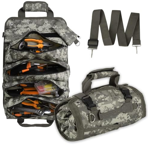 Tool Organizer Bag, Foldable Roll Up Heavy Duty Bag Organizer, with 2 Detachable Pouches, Mechanic Carrying Toolbag, Gifts for Dad Men Birthday Father Day
